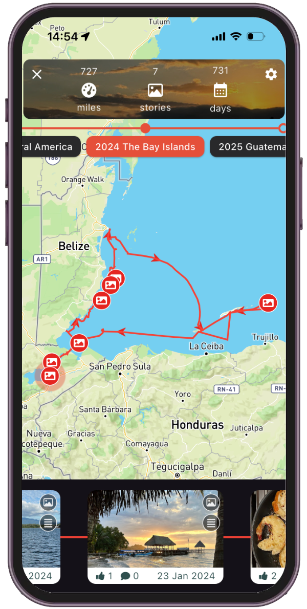 Journey view showing story icons, previews, and custom chapters